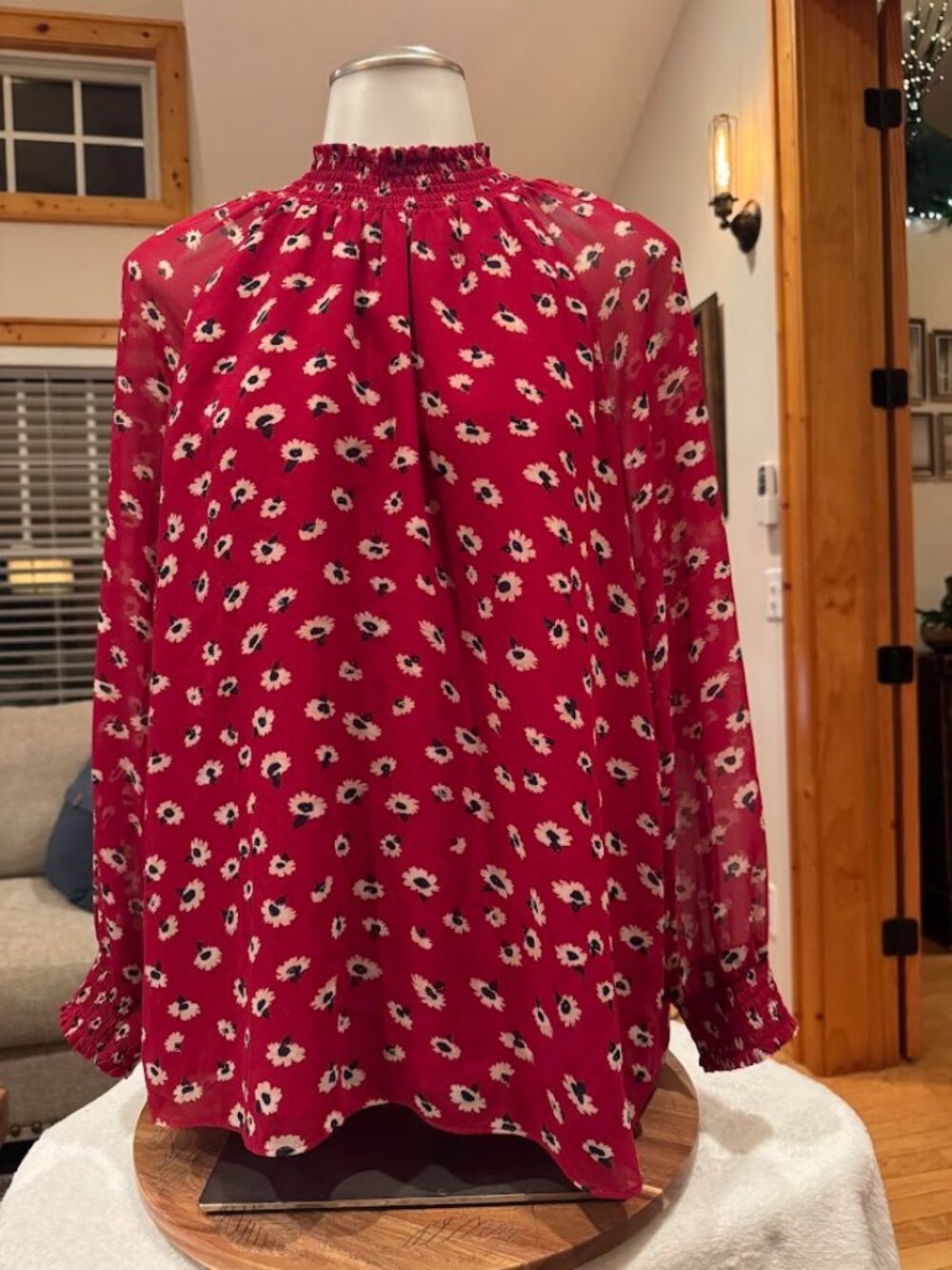 Madewell Floral Smocked Mock Neck Long Sleeve Blouse Red Pink Women's Medium